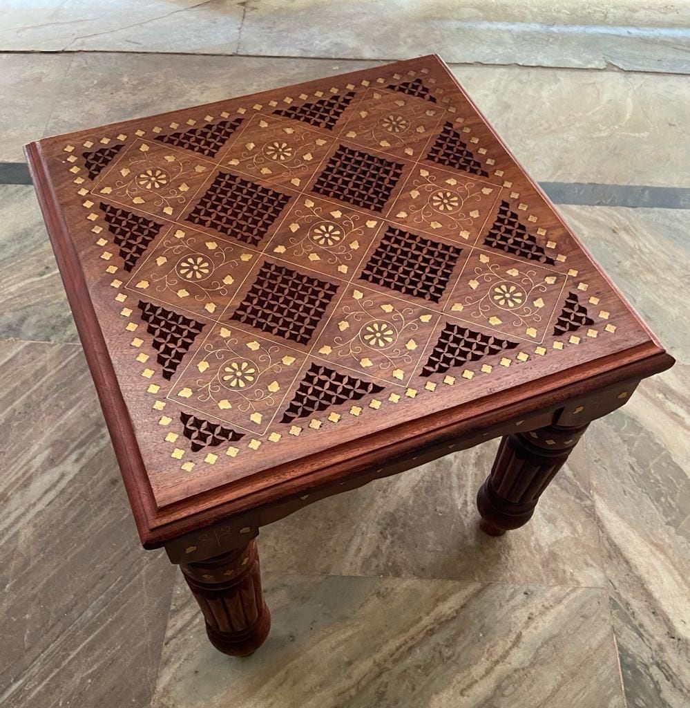Sheesham Wooden Handmade Carved And Brass Work Folding Legs Side