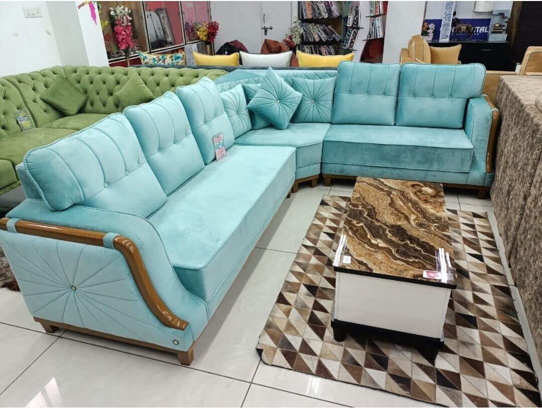 Wooden L Shape Modular Sofa, For Home, Living Room Off Sea Green