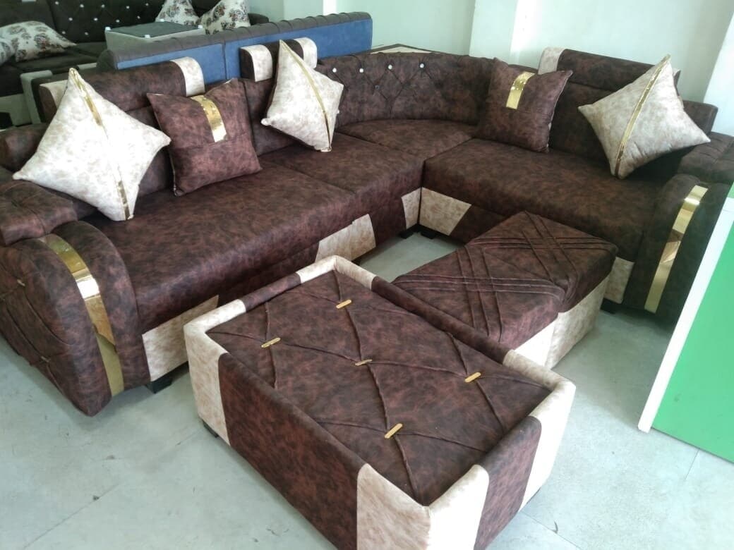 Wooden Modern L Shape Sofa Set For Living Room Color Chocolate in