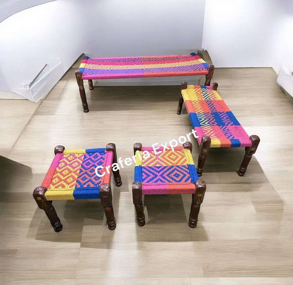 Wooden Rajasthani Charpai Or Small Bench With Two Wooden Pidha in