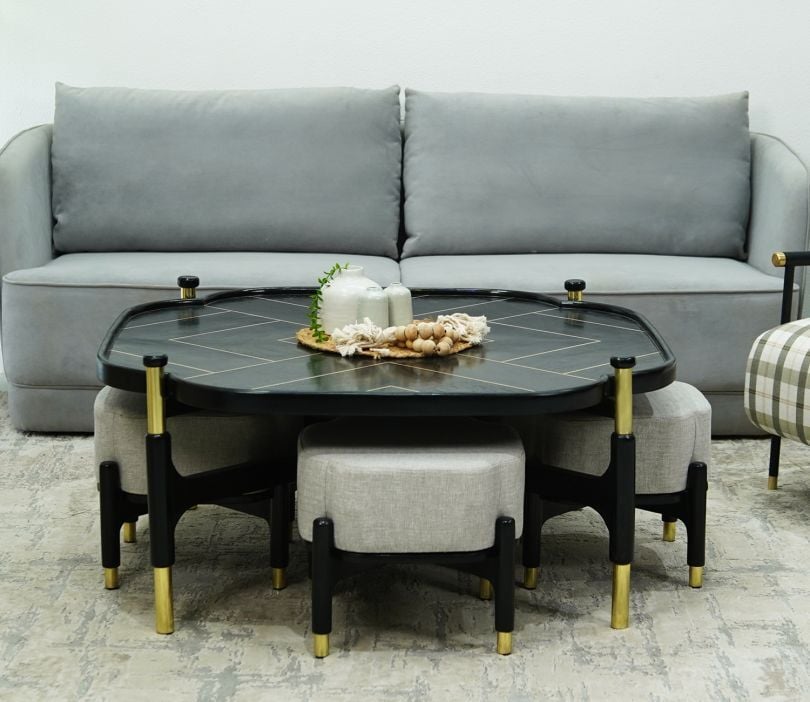 Wooden Street Vrita Teak Wood Coffee Table with stools (Black