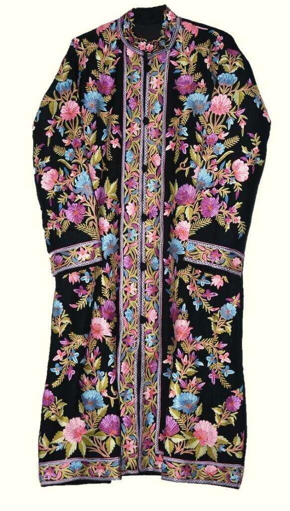 Woolen Long Jacket Black with Multicolor Embroidery, Printed, Wool