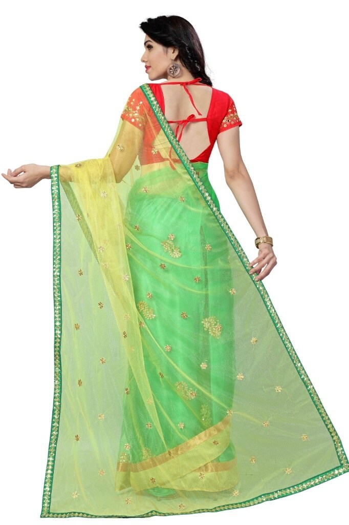 Yellow Green Sequence Mono Net Saree With Blouse (GU-PM-NX-105