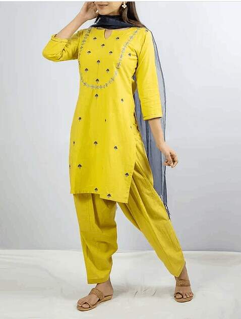 Yellow Embroidery Cotton Suit With Bule Organza Dupatta Set Of