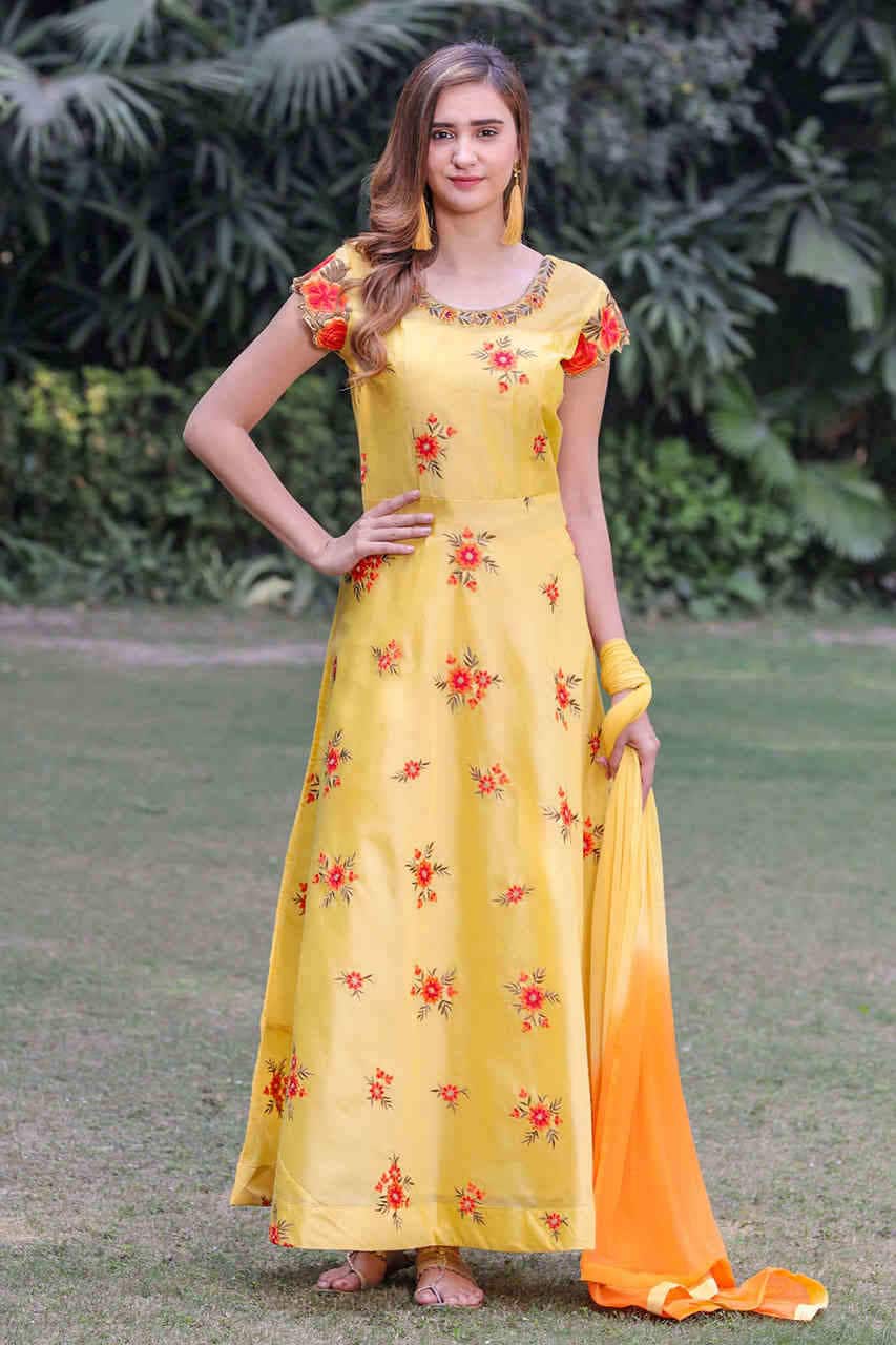 Yellow Floor Length Gown with Floral Cut Sleeves [SAS73170424] xl in  Bangalore at best price by Manyavar Vedant Fashions Pvt Ltd - Justdial
