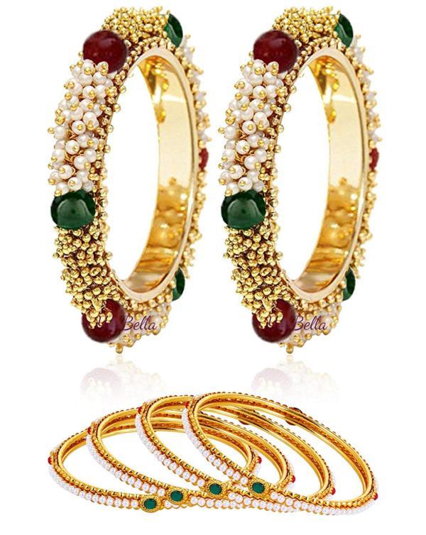 YouBella Women's Pearl Gold Combo Bangle Set For Women Pack Of