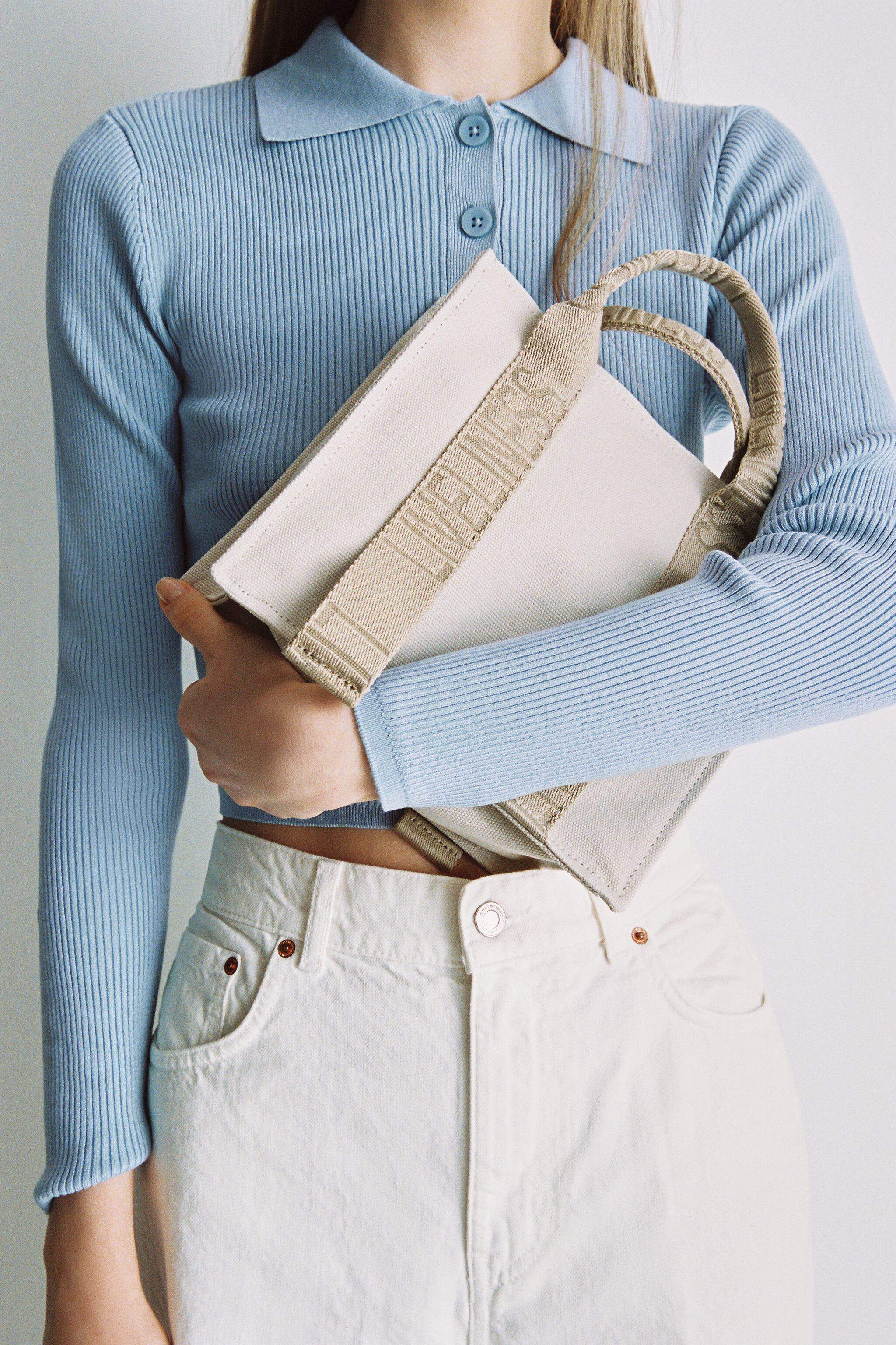 ZARA Womens Mini Canvas Tote Bag With Slogan (Ecru White) in