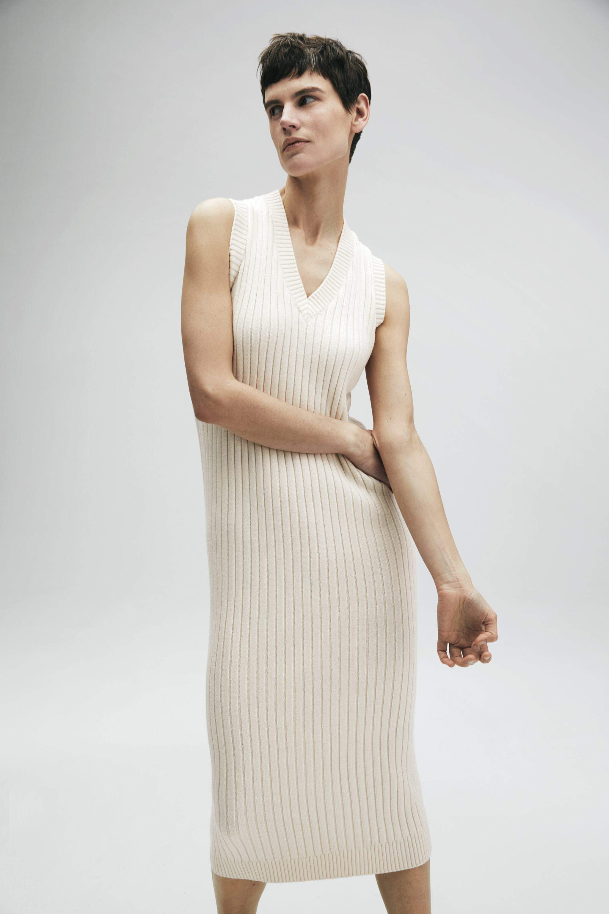 zara cream knit midi dress Zara Ribbed Knit Midi Dress SMALL Long Sleeve V-Neck Bodycon Soft Cream NWOT