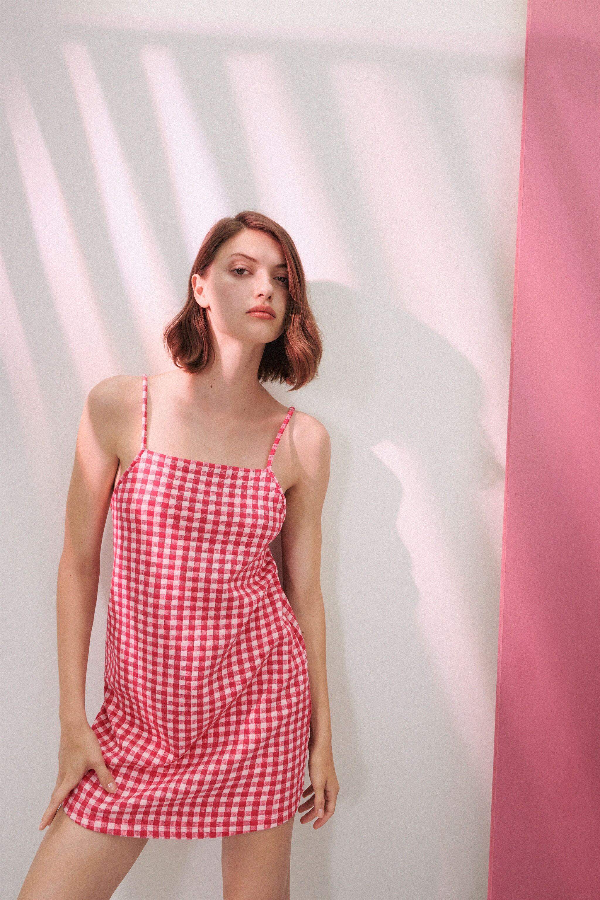 zara pink checkered dress ZARA GINGHAM CHECK DRESS WITH BOWS Pink / White XS