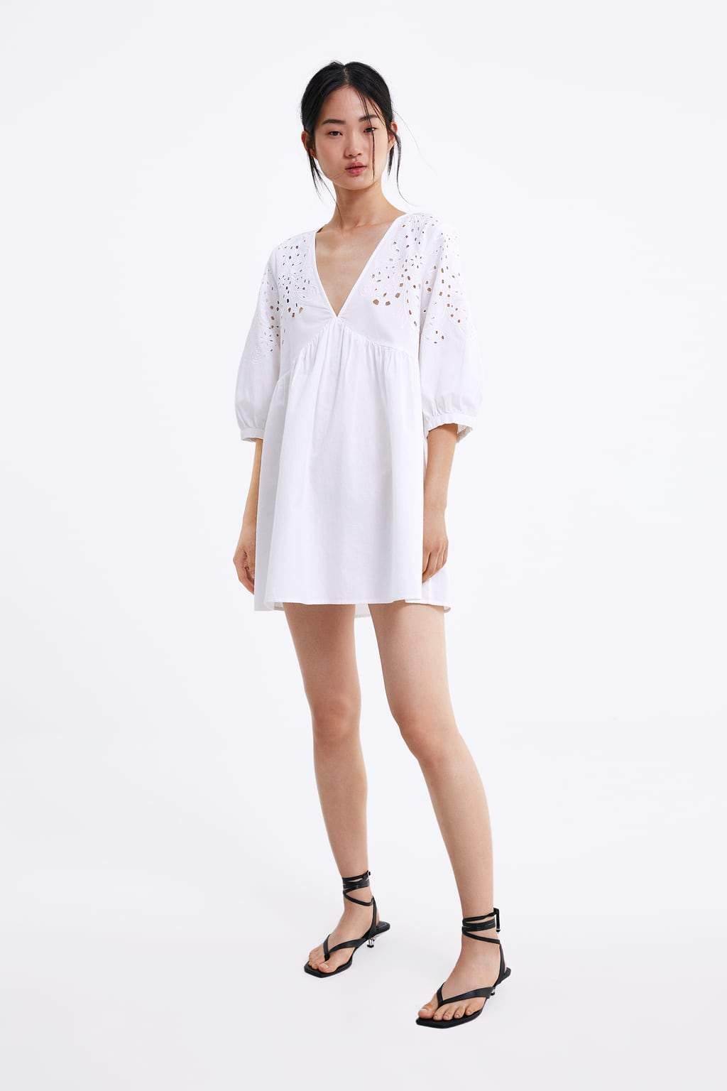 zara embroidered mini dress Cream Ribbed Fitted Button Long Sleeve Dress – PinkBlush main image 1