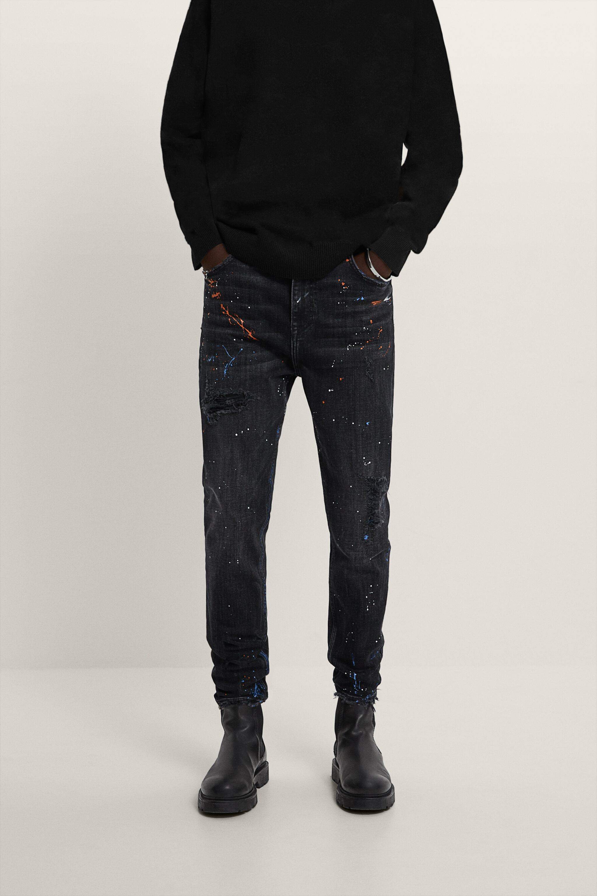 Zara Canada Zara Paint Splatter Jeans ZARA Mens Paint Splatter Ripped Jeans  (Black 1) In Jodhpur At