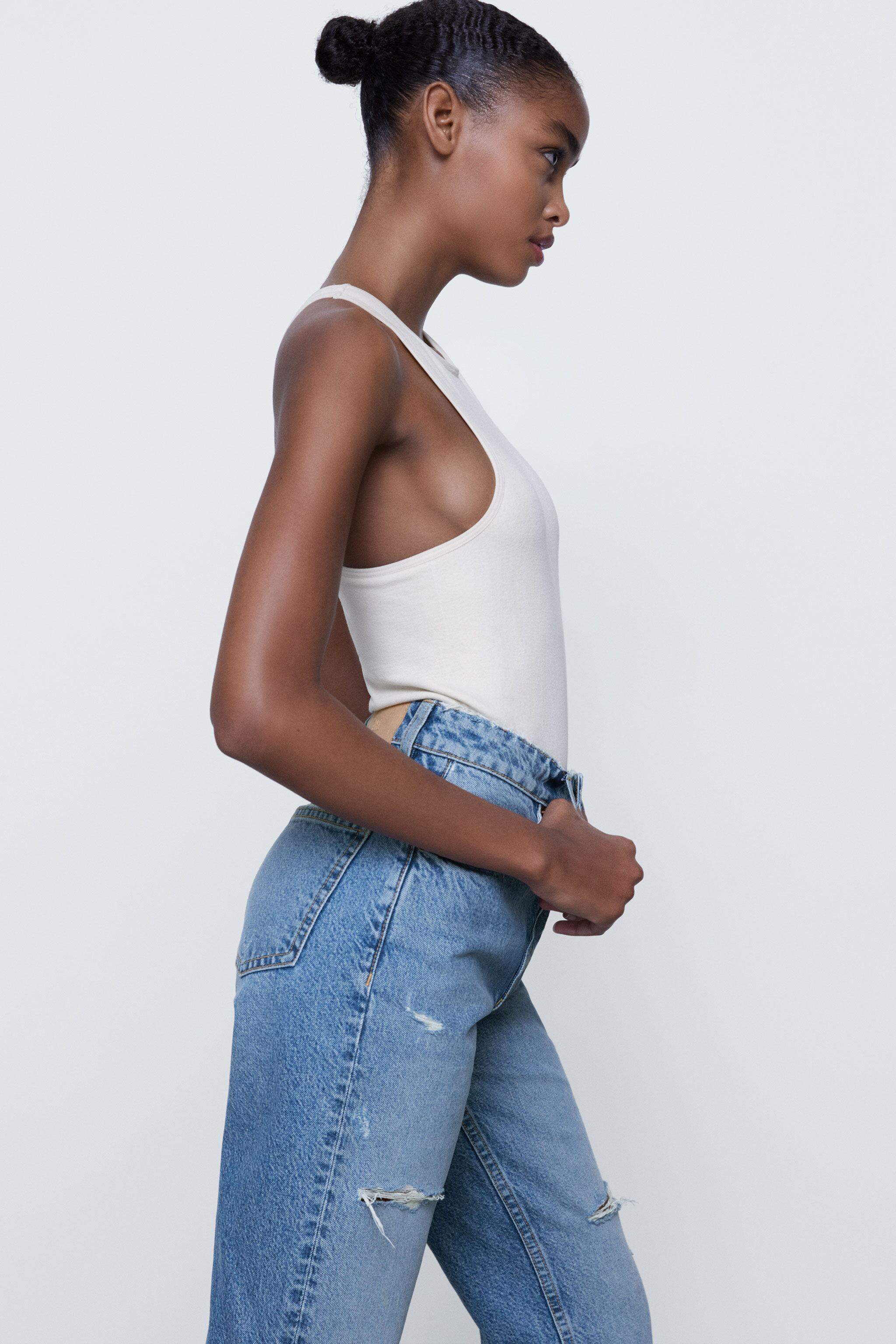 Zara Womens Ripped Mom Jeans (Blue 3 