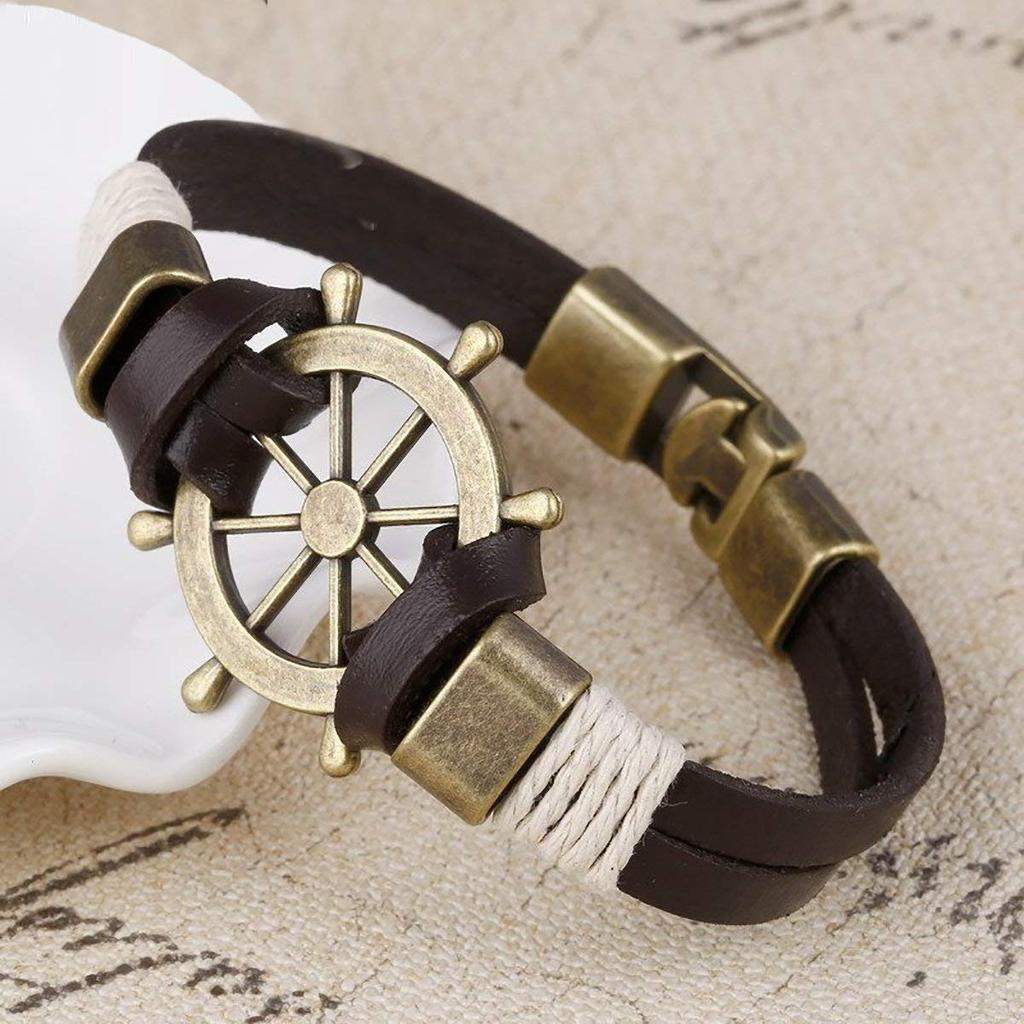 Zivom B1896WWSTII-DR Rudder Anchor Brass Black Leather Wrist Band