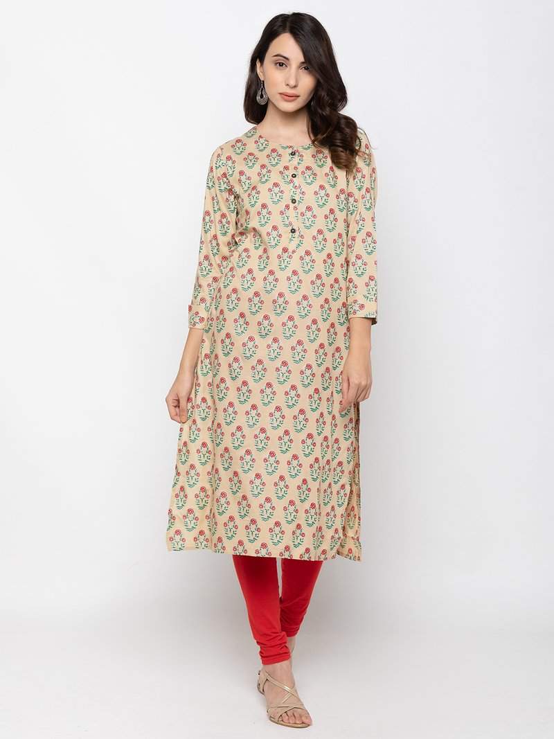 Zola Womens Elegant Cotton Round Neck Printed Kurti (84866-Beige-M