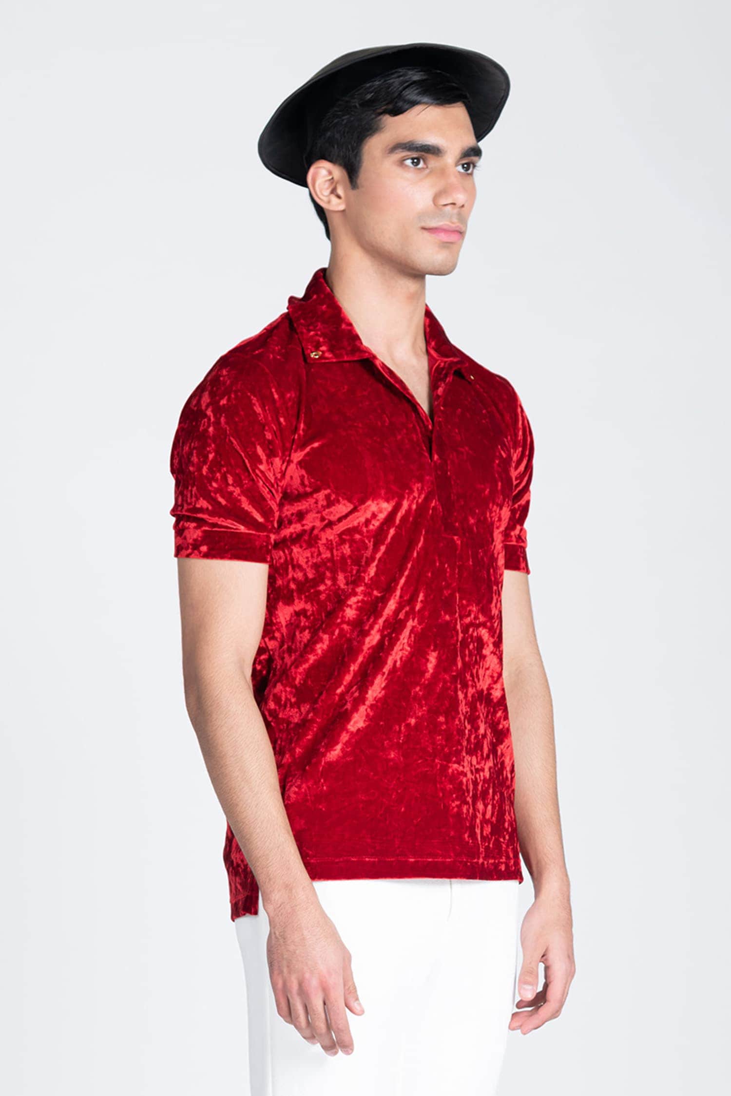 Short Sleeve Velvet Shirt (Red) in 